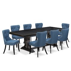 9 piece Dining Room Set of a Modern Table and 8 Linen Fabric Dining Room Chairs