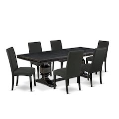 7 piece dining set consists of a wooden table and 6 Linen Fabric dining chairs