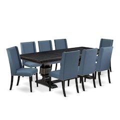 9 piece dining table set of a dinner table and 8 Linen Fabric kitchen chairs