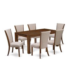LMVE7-N8-04 - 7-Pc Kitchen Dining Set- 6 Padded Parson Chair and Modern Kitchen Table - Light Tan Linen Fabric Seat and High Chair Back (Antique Walnut Finish)
