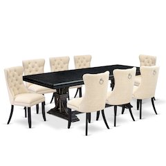9 piece dining table set of a dinner table and 8 Linen Fabric dining chairs