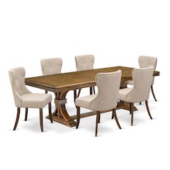 7 piece Dining Room Table Set of a Modern Table and 6 Linen Fabric Dining Chairs