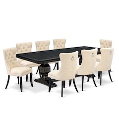 9 piece dining set consists of a wooden table and 8 Linen Fabric dining chairs
