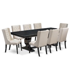 9 piece dining set a dinner table & 8 Linen Fabric dining chairs & black legs