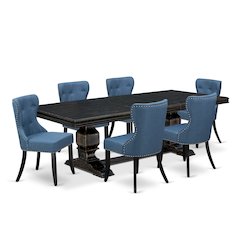 7 piece Dining Table Set of a Dinning Table and 6 Linen Fabric Padded Chairs