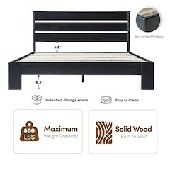 Full Wooden Platform Bed Frame, Ebony Oak Finish, Morden Style
