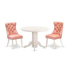 East West Furniture SHDA3-WHI-23 3 Piece Dining Room Set Consists of a Round Dining Table with Pedestal and 2 Upholstered Chairs, Linen White