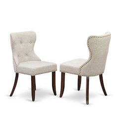 Linen Dining Chairs with Button-Tufted Nailhead Wood Frame, Mahogany, Set of 2
