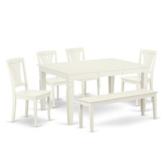 East West Furniture – 6-Pieces Kitchen Table Set - 1 Modern Rectangular Table and 4 wooden Dining Room Chairs with One Dining Bench – Linen White Finish