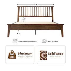 Full Wooden Platform Bed Frame, Walnut Finish, Morden Style