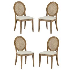 Cane-Back Dining Chair Set with Creme Accents, Upholstered Seats, 4 Pieces