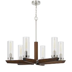 60W x 6 Ercolano pine wood/metal chandelier with clear glass shade
