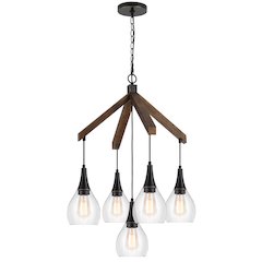 60W X 5 Watkins Rubber Wood Chandelier With Hanging Glass Shades