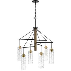 60W X 6 Williston Rubber Wood Chandelier With Hanging Textured Glass Shades