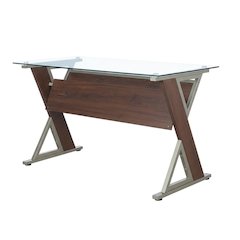 Stylish Cherry Office Desk With Glass And Iron Details For Workspaces