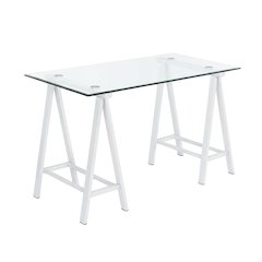 White Glass Top Office Desk With Iron Frame For Modern Workspace