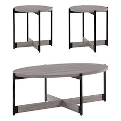 3 Piece Occasional Table Set in Grey Woodgrain Finish with Black Metal Legs