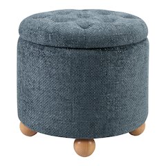 Naomi Storage Ottoman in Blue Fabric with Natural Round Wood Feet