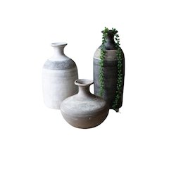 Set Of Three Black Grey And White Clay Vessels