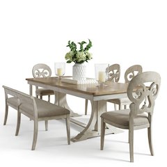 Farmhouse Reimagined 6 Piece Trestle Table Set in Antique White w/ Chestnut Top