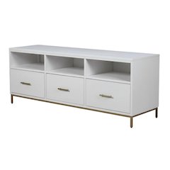 White modern contemporary TV console, mahogany solids, veneer construction