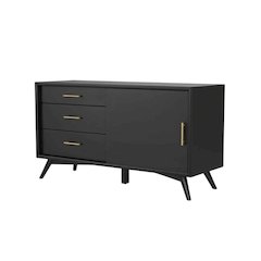 Black Small TV Console, Mid Century Modern Style, Rubberwood & Walnut Veneers