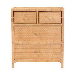 Bohemian Natural Brown Rattan and Mahogany Wood Storage Cabinet