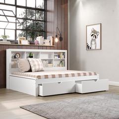Full Bookcase Day Bed In White W/ Dual Under Bed Drawers