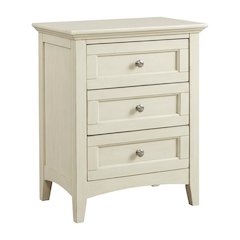 White Linen Nightstand, Brushed Nickel Hardware, Solid Rubberwood Construction