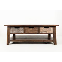 Rustic Solid Acacia 50" Coffee Table with Pull Through Drawers and Caster Wheels