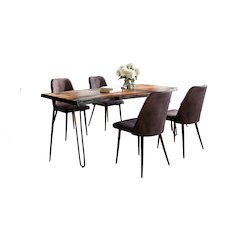 Five Piece Solid Acacia Dining Set with Upholstered Mid-Century Modern Chairs