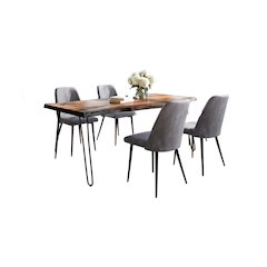 Five Piece Solid Acacia Dining Set with Upholstered Mid-Century Modern Chairs