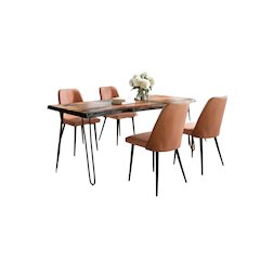 Five Piece Solid Acacia Dining Set with Upholstered Mid-Century Modern Chairs