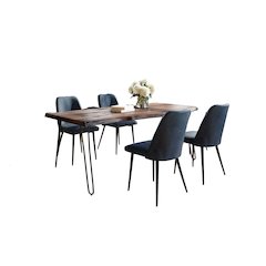 Five Piece Solid Acacia Dining Set with Upholstered Mid-Century Modern Chairs