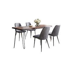 Five Piece Solid Acacia Dining Set with Upholstered Mid-Century Modern Chairs