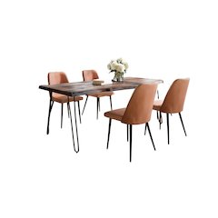 Five Piece Solid Acacia Dining Set with Upholstered Mid-Century Modern Chairs