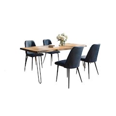 Five Piece Solid Acacia Dining Set with Upholstered Mid-Century Modern Chairs