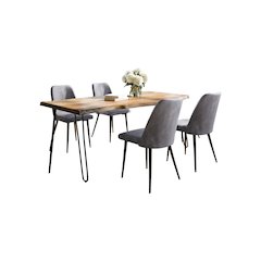 Five Piece Solid Acacia Dining Set with Upholstered Mid-Century Modern Chairs