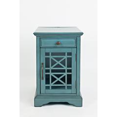Blue Chairside End Table with USB Charging Ports, Acacia, Glass Construction