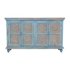 71" Solid Wood Boho Distressed Sideboard Cabinet with Artisan Carved Doors