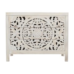 Jolie Rustic Solid Wood Global Boho Hand Carved Accent Chest with Three Drawers