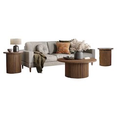 Auden Three Piece Mid-Century Modern Fluted Living Room Coffee and End Table Set