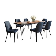 Seven Piece Solid Acacia Dining Set with Upholstered Mid-Century Modern Chairs