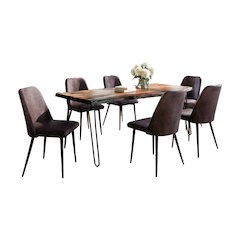 Seven Piece Solid Acacia Dining Set with Upholstered Mid-Century Modern Chairs