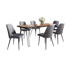 Seven Piece Solid Acacia Dining Set with Upholstered Mid-Century Modern Chairs