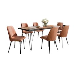 Seven Piece Solid Acacia Dining Set with Upholstered Mid-Century Modern Chairs