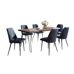 Seven Piece Solid Acacia Dining Set with Upholstered Mid-Century Modern Chairs