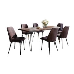 Seven Piece Solid Acacia Dining Set with Upholstered Mid-Century Modern Chairs