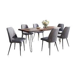 Seven Piece Solid Acacia Dining Set with Upholstered Mid-Century Modern Chairs