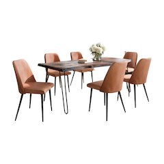 Seven Piece Solid Acacia Dining Set with Upholstered Mid-Century Modern Chairs